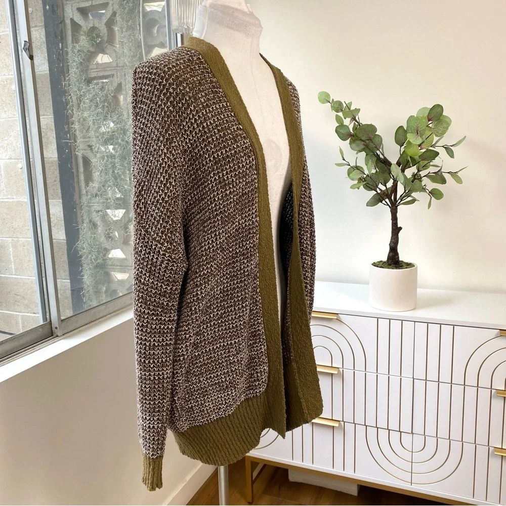 Urban Outfitters Textured Knit Open-Front Cardigan in Olive & Brown, Size S